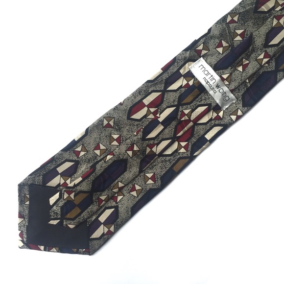 MARTIN WONG NAPA CA Silk Tie Geometric Gray With Multicolors - Picture 3 of 6